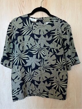 Vintage Dana Buchman Black Silk Blouse with Olive Green Leaf Print 4